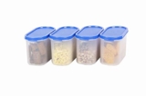 SIMPARTE 1200ml Oval Modular Plastic Container Set of 4 BPA-Free Airtight Stackable Kitchen Storage Boxes with Blue Lids Food Grade Organizer for Pantry Cereals Pulses Flour Snacks Grains Essentials