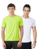 Amazon Brand – Symbol Men’s Solid Active Regular Fit Sports T-Shirt |Round Neck | Half Sleeve (SYA-M-A25-TS-701_White+Neon_L)(Available in Plus Size and Combo Pack of 2)