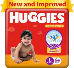 Huggies Comfy Baby Diaper Pants, Upto 50% Faster Absorption – L(64 Pieces)