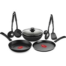 Pigeon Mio Nonstick Aluminium Cookware Gift Set, Includes Nonstick Flat Tawa, Nonstick Fry Pan, Kitchen Tool Set, Nonstick Kadai with Glass Lid, 8 Pieces Kitchen Set (Black)