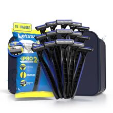 LetsShave Men Pro 2 Plus Disposable Shaving Razor | Stainless Steel Made In South Korea | Open Flow Twin Razor Blade With Pivot Head and Safety Cap | Hair Remover | Pack Of 15 + Travel Pouch