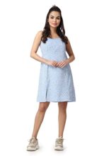POPWINGS Casual Fit and Flare Sleeveless Square Neck Knee-Length Front Printed Slit Dress for Women || Stylish Summer Woman Dresses Light Blue