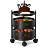 Homeor 2 Layer Kitchen Trolley with Wheels | 360° Rotating Metal Storage Rack for Vegetables, Fruits, Onion & Spices | Round Multipurpose Kitchen Organizer Stand | Metal Kitchen Trolley, Matte Black