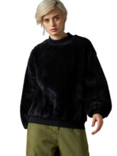 Sassafras Women Black Balloon Sleeve Faux Fur Sweatshirt XXL