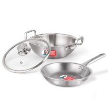 Wonderchef Stella Triply Stainless Steel Cookware Set | 3 Pcs. | Fry Pan 22 cm, Kadhai 22 cm + Lid | for Gas Stove, Induction, Ceramic Cooktop | Uniform Heating | Heavy-Duty Handle | 10-Year Warranty