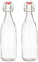 Amazon Brand – Solimo Swing Top Water Bottle with Stopper – Set of 2 (1 Liter) – Glass, Transparent