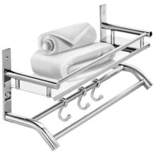 Zureni Folding Towel Rack for Bathroom 304 Grade Stainless Steel Wall Mount with Multipurpose Hooks & Hanger Bar Accessories and Fittings Shelf for Kitchen Washroom Wash Basin (Silver-1001A)