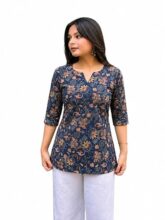 Pinkmint Women Printed Short Kurti | 3/4 Sleeve Casual Straight Kurta | Comfortable Ethnic Wear for Women (Pack of 1) Light Blue