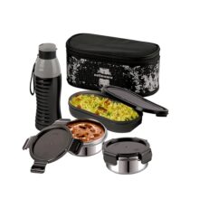 CELLO Gemini Lunch Box Gift Set of 3 Pieces with Bag for Office Use Black | 300ml x 2 Steel Round Containers, 500ml x 1 Oval Container with 600 ml Water Bottle, Leak Proof Tiffin Set for School Travel