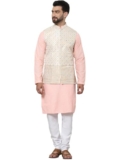 SOJANYA (Since 1958 Men’s Pure Cotton Peach Kurta and White Pyjama with Cream Nehru Jacket