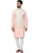 SOJANYA (Since 1958 Men’s Pure Cotton Peach Kurta and White Pyjama with Cream Nehru Jacket
