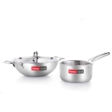 Crystal Trival Triply Stainless Steel 3 Pc Cookware Set (Kadhai/Wok- 24 Cm with Steel Lid & Tea/Milk Saucepan-16 Cm) Induction and Gas Stove Compatible, Even and Fast Cooking, Silver