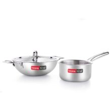 Crystal Trival Triply Stainless Steel 3 Pc Cookware Set (Kadhai/Wok- 24 Cm with Steel Lid & Tea/Milk Saucepan-16 Cm) Induction and Gas Stove Compatible, Even and Fast Cooking, Silver