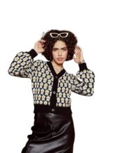 Black Floral Front Open Wool Cardigan