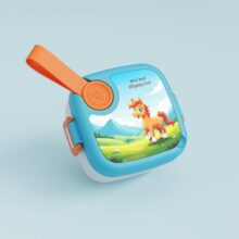 MEDALLIX Plastic Lunch Box with Spoon, Leak-Proof Kids Tiffin Box, Durable Eco-Friendly School Lunch Container for Boys & Girls | LUNCHMATE Mini But Mighty Cool (500 ML – Blue)