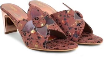 Action Women’s Floral Suede Mules| Black with Peach Flower Appliqué| Gold-Tone Heel_Pink_5