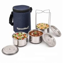 SignoraWare Fine Meal Stainless Steel Lunch Box | Airtight & Leakproof Lid | Compact & Lightweight | Tiffin for Office, School & Travel Use (300ml x 3 | Set of 3 | Steel)