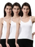 Dixcy Slimz Solid Slim Fit Scoop Neck Sleeveless Cotton Camisole for Women(Annie_White_L_Pack of 3
