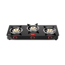 Pigeon by Stovekraft Aster 3 Burner Gas Stove with High Powered Brass Burner Gas Cooktop, Cooktop with Glass Top and Powder Coated Body, Black, Manual Ignition, Standard (14267)