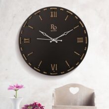 REGIIS OPERA Wooden Round Shaped Roman Dial Wall Clock With Silver Hands & Golden Jute Rope Detailing | Silent Quartz Movement Anti Reflection Analog Vintage Clock for Home & Office (Black, 15.5 Inch)