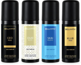 BELLAVITA organic Deo Parfum Travel-Size Gift Set|4×50 ml|Long Lasting Body Deodorant Spray  –  For Men & Women(200 ml, Pack of 4)