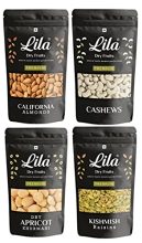 Lila Dry Fruits Combo Cashews, California Almonds, Golden Raisins & Dry Apricots 500Gm Each| Kaju, Badam, Kishmish, Khurmani| Combo 2Kg