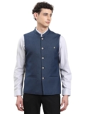 Turtle Men Terry Rayon Dobby/Structure Tailored Fit Navy Blue Nehru Jacket