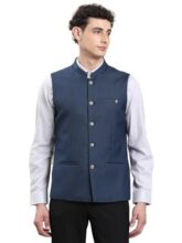 Turtle Men Terry Rayon Dobby/Structure Tailored Fit Navy Blue Nehru Jacket
