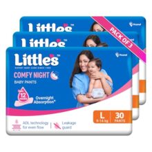 Little’s Baby Diapers L Size (Large) Pants Style | 9-14 kg | 90 Count | Comfy Nights Baby Diaper Pants with Leakage Guard & Upto 12 Hours Absorption (30 Count, Pack of 3)
