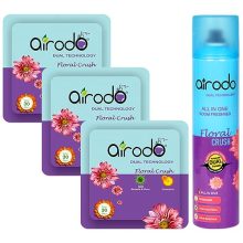 Airodo Air/Room Freshener Floral Crush Pocket Gel & Sprey Combo With Dual Technology Long Lasting Instant Automatic Fragrance Booster Lasts Up To 30 Days (Pack Of 4)