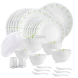CELLO Tropical Lagoon Dazzle Series Opalware Dinner Set of 37 Pieces For Family of 6 | Bone-Ash Free & Leadfree Opal Glass, Microwave & Dishwasher Safe Plates & Bowls Crockery Set For Dining & Gifting