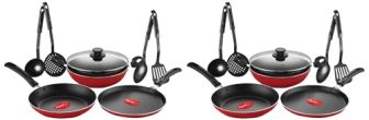 Pigeon by Stovekraft Mio Nonstick Aluminium Cookware Gift Set, Includes Nonstick Flat Tawa, Nonstick Fry Pan, Kitchen Tool Set, Kadai with Glass Lid, 8 Pieces Non-Induction Base Kitchen Set – Red