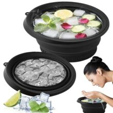 Clazkit Silicone Collapsible Face Bowl with Built-in Ice Tray, Modern Style, Black, Round, Dishwasher Safe, for Face Bath, Soaking, Washing | BPA-Free | for Men and Women (Free Hook 1-pic)