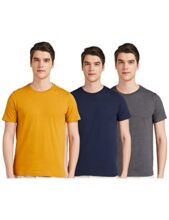 Amazon Brand – Symbol Men’s Solid Cotton T Shirt | Plain | Round Neck | Half Sleeve – Regular Fit | Combo Pack of 3 (Available in Plus Size) (Dark Grey Melange, Iris Navy, Inca Gold_4XL)