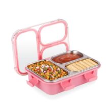 Attro Trio Meal Stainless Steel Lunch Box With 3 Partition, Microwave Safe, Airtight Leakproof Silicone Seal Lid, Bpa-Free Food Grade Tiffin Box For Office School Kids – 600Ml – Pink