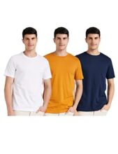 Amazon Brand – Symbol Men’s Solid Cotton T Shirt | Plain | Round Neck | Half Sleeve – Regular Fit | Combo Pack of 3 (Available in Plus Size) (White, Mustard gold, iris Navy_M)