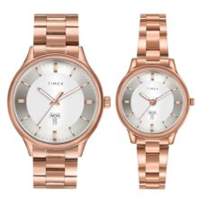 TIMEX Analog Watch for Couple with Silver-Tone Round Dial & Rose Gold Stainless Steel Bracelet Band Water Resistant Pair’s Wrist Watches – TW00ZP008