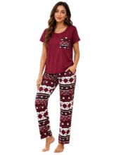 LITZO Womens Night Suit || Printed Round Neck Short Sleeve Nightsuit Set | Pajama Set | Casual Night Dress for Women (L-25-2XL) Red