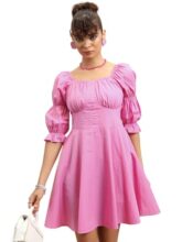 Tokyo Talkies Pink Puff Sleeve Fit & Flare Cotton Dress