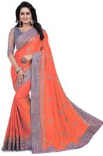 Vaidehicreation Embellished Bollywood Net, Art Silk Saree(Orange)