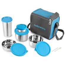 Cello Steelox Stainless Steel Lunch Box Set Of 5 With Bag (Capacities – 50Ml, 225Ml, 375Ml, 550Ml, 375Ml Tumbler), Blue | Tiffin Box With Jacket | Leakproof | Ideal For Office, School, College