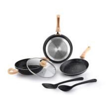 Crystal Aluminum 6 Pcs Non Stick Cookware Set with Induction Bottom | Tawa, Fry Pan, Kadhai with Lid, Laddle & Spatula | Durable 4 Layer Non Stick Coating | PFOA Free | Black