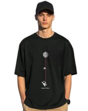 Bewakoof Men’s Hangin Astronaut Graphic Printed 100% Cotton T-Shirt – Oversized Fit, Round Neck, Half Sleeves Black