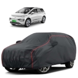 Sulfar 100% Water Resistant Car Body Cover Compatible with Mirror For MG Windsor EV (Triple Stitched, Full Bottom Elastic, Dark Grey Tafetta with Red Piping)