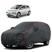 Sulfar 100% Water Resistant Car Body Cover Compatible with Mirror For MG Windsor EV (Triple Stitched, Full Bottom Elastic, Dark Grey Tafetta with Red Piping)