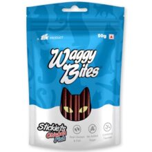 Waggy Bites Sticklets Dry Chicken and Fish Bites for Cats | No Added Sugar | Contains Taurine | 50 g | Pack of 2