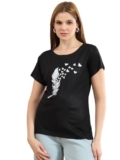 bearbrother Women Regular Fit Printed Black Half Sleeves Round Neck Tshirt (Klyra,XL)