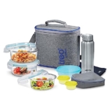 Treo By Milton All Fresh Premier Glass Tiffin With Bag, Set Of 8 (3 Containers, 400Ml Each; 1 Steel Bottle, 750 Ml; 2 – Pickle/Chutney Dabba, 30Ml Each; 1 Salad/Papad Dabba, 200Ml; 1 Dining Mat)