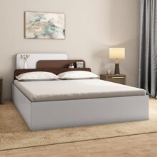 Nilkamal Bruce Wooden Queen Bed With Box Storage | Designer Headboard With Storage | Engineered Wood | 4 Big Compartments | Walnut & White