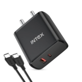 Intex Bolt Quick 65W QCPD Dual Port Output (USB + Type-C), Ultra-Fast Charging Adaptor, Laptop Compatible, Compact & Lightweight, All iPhones, Android, Laptops, Macbooks – Black